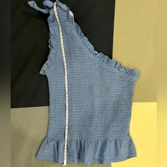Blue One-Shoulder Ruffled Blouse - Picture 3 of 3